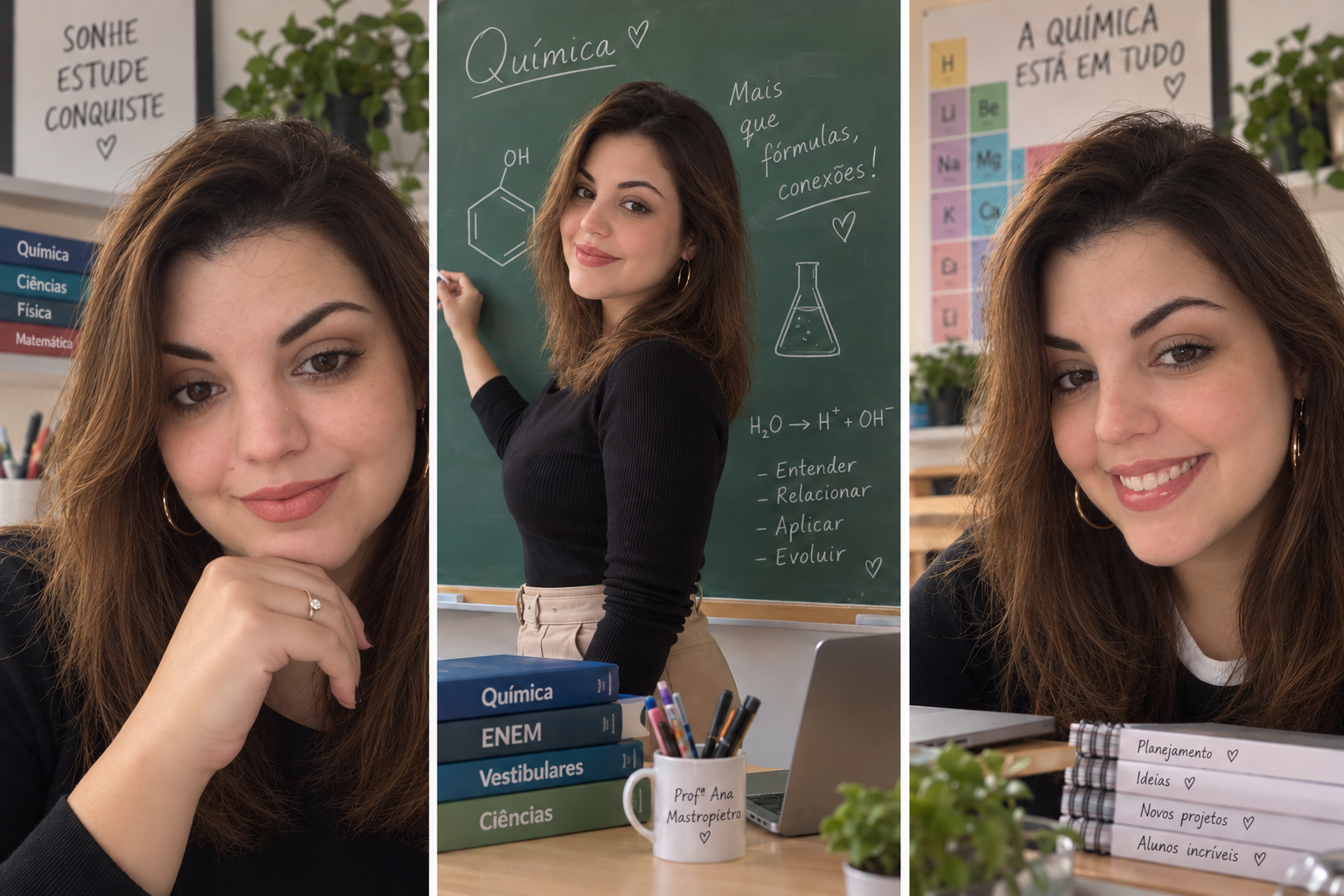 Professora Ana Mastropietro em sala de aula, junto ao quadro de Química